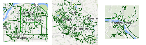 Map of Surrey, Kitchener and Fredericton bike routes