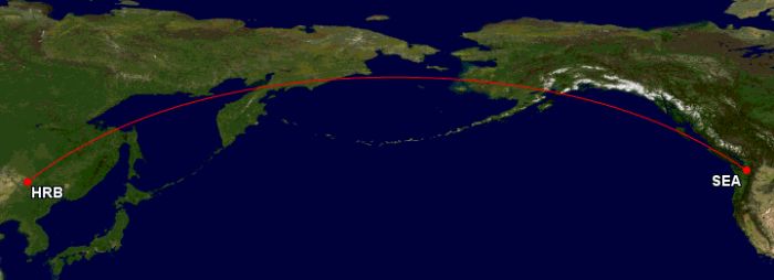 Map showing shortest route between Harbing and Seattle